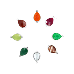 10pc Set Pear Birthstone Double Bail Bail Silver Plated Bezel Link Gemstone Connectors 12x16mm