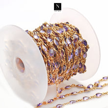 Load image into Gallery viewer, Amethyst Pear 6x4mm Gold Plated Wholesale Bezel Continuous Connector Chain
