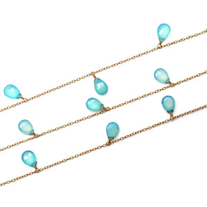 Aqua Chalcedony 8x12mm Cluster Rosary Chain Faceted Gold Plated Dangle Rosary 5FT