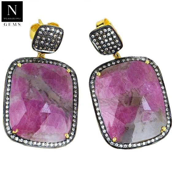 Gold Vermeil Over Sterling Silver Ruby With Cubic Zirconia Pave Diamond 47x26mm Dangle Drop Earring