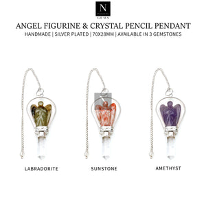 5PC Dowsing Pendulum Pendant | Gemstone Angel Figurine & Crystal Pencil Pendant | Healing Pendants | 70x28mm Silver Plated