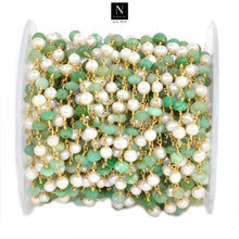 Load image into Gallery viewer, Chrysoprase With Pearl Faceted Large Beads 5-6mm Gold Plated Rosary Chain
