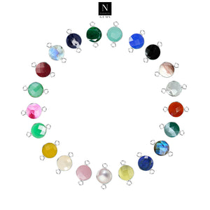 10pc Set Round Double Birthstone Double Bail Silver Plated Bezel Link Gemstone Connectors 12mm