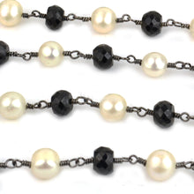 Load image into Gallery viewer, Black Spinel With Pearl Faceted Large Beads 5-6mm Oxidized Rosary Chain
