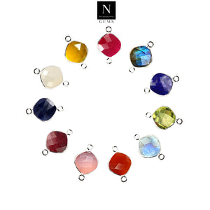 10pc Set Cushion Birthstone Double Bail Silver Plated Bezel Link Gemstone Connectors 14mm