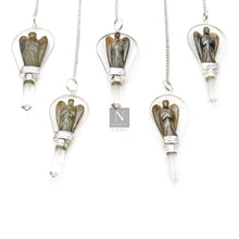 Load image into Gallery viewer, 5PC Dowsing Pendulum Pendant | Gemstone Angel Figurine &amp; Crystal Pencil Pendant | Healing Pendants | 70x28mm Silver Plated
