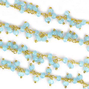 Aqua Chalcedony Cluster Rosary Chain 2.5-3mm Faceted Gold Plated Dangle Rosary 5FT