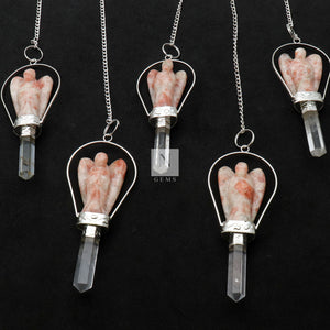 5PC Dowsing Pendulum Pendant | Gemstone Angel Figurine & Crystal Pencil Pendant | Healing Pendants | 70x28mm Silver Plated