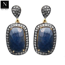 Load image into Gallery viewer, Gold Vermeil Over Sterling Silver Blue Sapphire With Cubic Zirconia Pave Diamond 38x17mm Dangle Drop Earring

