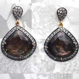 Gold Vermeil Over Sterling Silver Brown Sapphire With Cubic Zirconia Pave Diamond 39x25mm Dangle Drop Earring