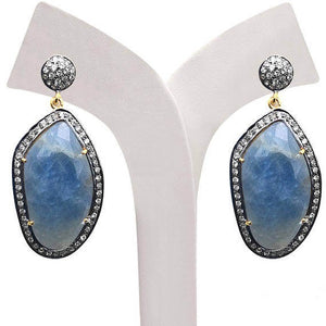Gold Vermeil Over Sterling Silver Blue Sapphire With Cubic Zirconia Pave Diamond 51x22mm Dangle Drop Earring
