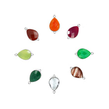 Load image into Gallery viewer, 10pc Set Pear Birthstone Double Bail Bail Silver Plated Bezel Link Gemstone Connectors 12x16mm
