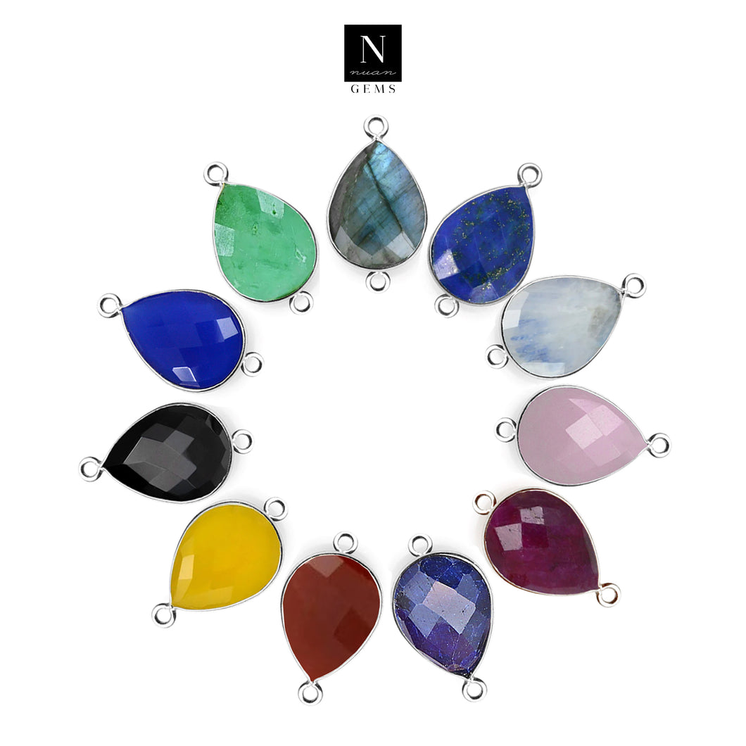 10pc Set Pear Birthstone Double Bail Silver Plated Bezel Link Gemstone Connectors 15x20mm