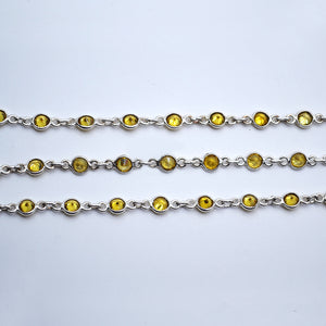 Yellow Zircon Round 4mm Silver Plated  Wholesale Bezel Continuous Connector Chain