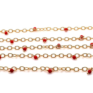 Red Coral 3-4mm Cluster Rosary Chain Faceted Gold Plated Dangle Rosary 5FT
