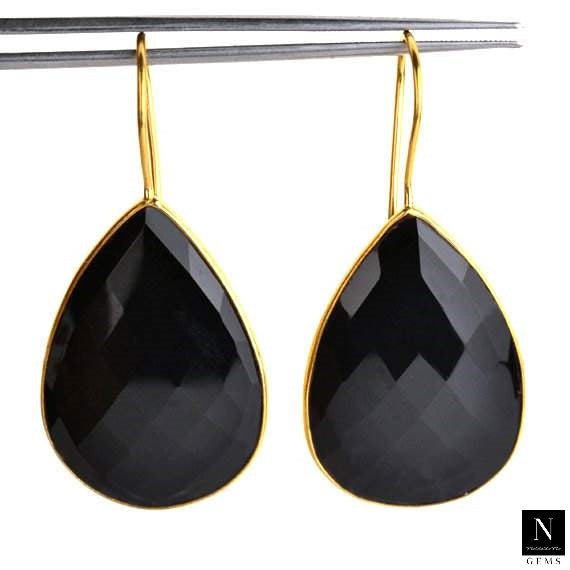 5 Pairs Black Onyx Pears Dangle Earring, Faceted Gold Plated Bezel Gemstone Earrings, Hook Earrings