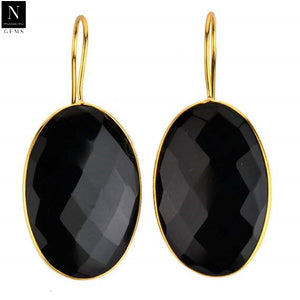 5 Pairs Black Onyx Oval Dangle Earring, Faceted Gold Plated Bezel Gemstone Earrings, Hook Earrings