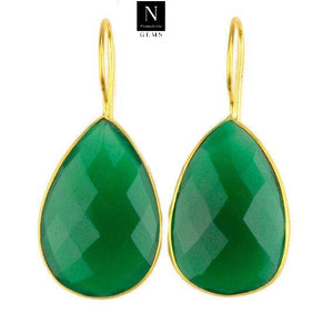 5 Pairs Green Onyx Pears Dangle Earring, Faceted Gold Plated Bezel Gemstone Earrings, Hook Earrings