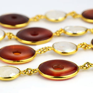 Carnelian Coin 20mm & 12mm Gold Plated  Wholesale Bezel Continuous Connector Chain