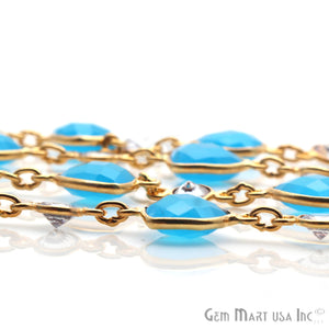 Sky Blue Chalcedony Trillion & Crystal Gold Bezel Continuous Connector Chain