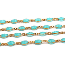 Load image into Gallery viewer, Aqua Chalcedony Oval 7x5mm Gold Plated  Wholesale Bezel Continuous Connector Chain
