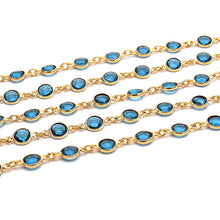Load image into Gallery viewer, Blue Topaz Round 5mm Gold Plated  Wholesale Bezel Continuous Connector Chain
