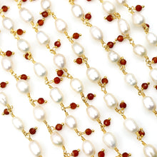 Load image into Gallery viewer, Pearl &amp; Carnelian  Cluster Rosary Chain Faceted Gold Plated Dangle Rosary 5FT
