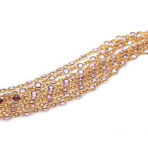 Pink Zirconia Round 4mm Gold Plated  Wholesale Bezel Continuous Connector Chain