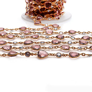 Pink Amethyst Trillion & Crystal Gold Bezel Continuous Connector Chain