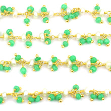 Load image into Gallery viewer, Green Chalcedony &amp; Pearl 3-2.5mm Cluster Rosary Chain Faceted Gold Plated Dangle Rosary 5FT
