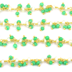 Green Chalcedony & Pearl 3-2.5mm Cluster Rosary Chain Faceted Gold Plated Dangle Rosary 5FT