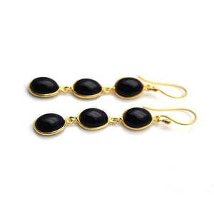 5 Pairs Black Onyx Dangle Cabochon Earring, Faceted Gold Plated Gemstone Cabochon Earrings, Hook Earrings