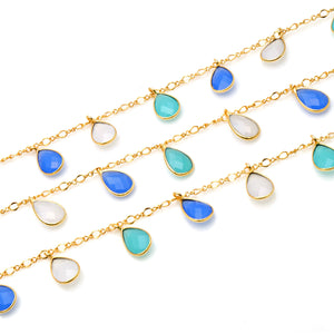 Blue Aqua & White Chalcedony 8x12mm Cluster Rosary Chain Faceted Gold Plated Bezel Dangle Rosary 5FT