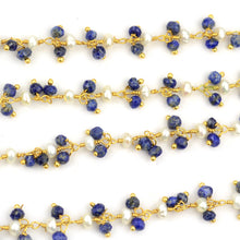 Load image into Gallery viewer, Lapis &amp; Pearl 3-2.5mm Cluster Rosary Chain Faceted Gold Plated Dangle Rosary 5FT
