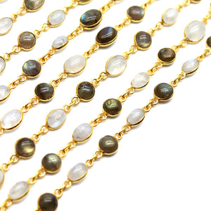 Labradorite Round & Oval 6mm & 6x8mm Gold Plated  Wholesale Bezel Continuous Connector Chain