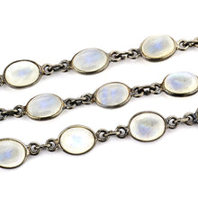 Load image into Gallery viewer, Rainbow Moonstone Cabochon Oval 7x9mm Oxidized  Wholesale Bezel Continuous Connector Chain
