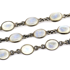 Rainbow Moonstone Cabochon Oval 7x9mm Oxidized  Wholesale Bezel Continuous Connector Chain