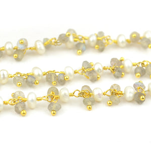 Labradorite & Pearl 2-2.5mm Cluster Rosary Chain Faceted Gold Plated Dangle Rosary 5FT