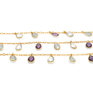 Amethyst, Opalite, White Chalcedony 8x12mm Cluster Rosary Chain Faceted Gold Plated Bezel Dangle Rosary 5FT