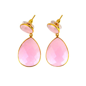 5 Pairs Rose Chalcedony Dangle Stud Earring, Faceted Gold Plated Bezel Gemstone Earrings, Hook Earrings