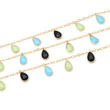 Load image into Gallery viewer, Sky Blue, Black Onyx &amp; Green Chalcedony 8x12mm Cluster Rosary Chain Faceted Gold Plated Bezel Dangle Rosary 5FT
