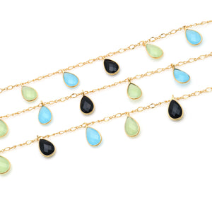 Sky Blue, Black Onyx & Green Chalcedony 8x12mm Cluster Rosary Chain Faceted Gold Plated Bezel Dangle Rosary 5FT