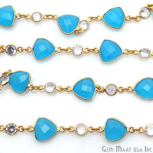Sky Blue Chalcedony Trillion & Crystal Gold Bezel Continuous Connector Chain