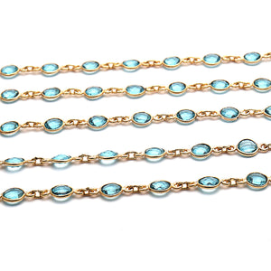Blue Topaz Round 5mm Gold Plated  Wholesale Bezel Continuous Connector Chain