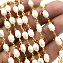 Load image into Gallery viewer, Pearl &amp; Carnelian  Cluster Rosary Chain Faceted Gold Plated Dangle Rosary 5FT
