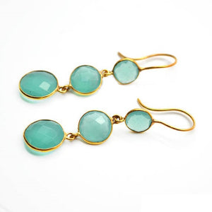5 Pairs Aqua Chalcedony Round Dangle Earring, Faceted Gold Plated Bezel Gemstone Earrings, Hook Earrings