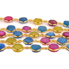 Load image into Gallery viewer, Multi Color Druzy Round 12mm Gold Plated  Wholesale Bezel Continuous Connector Chain
