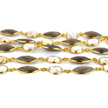 Load image into Gallery viewer, Gray Chalcedony &amp; Pearl Marquise &amp; Round 10x20mm 12mm Gold Plated  Wholesale Bezel Continuous Connector Chain
