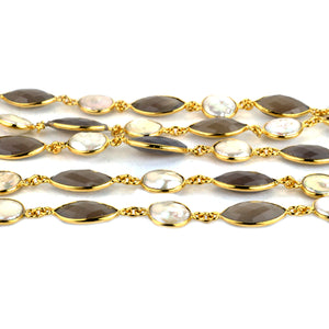 Gray Chalcedony & Pearl Marquise & Round 10x20mm 12mm Gold Plated  Wholesale Bezel Continuous Connector Chain