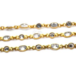 White Zircon Round & Oval 4mm & 5x4mm Gold Plated  Wholesale Bezel Continuous Connector Chain